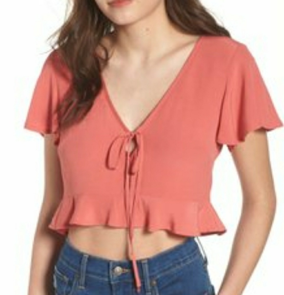 LEITH CORAL RUFFLE TIE FRONT CROP TOP